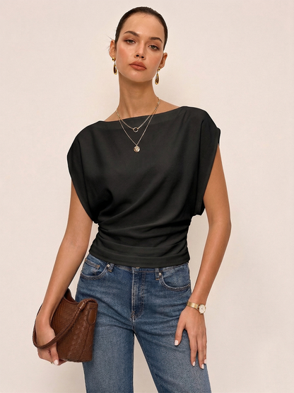 Ruched Cinched Waist Boat Neck Blouse