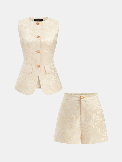Floral Jacquard Sleeveless Vest & Shorts Set