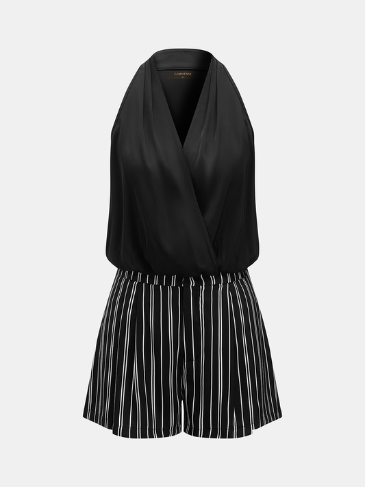 Satin Wrap Bodysuit & Striped Shorts Set