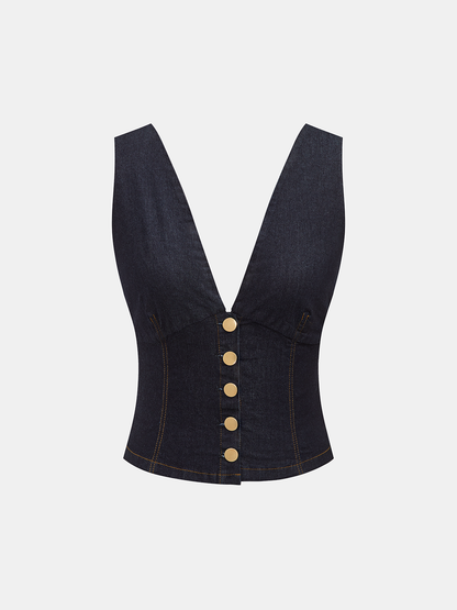 Metal Button Denim Deep V-Neck Tank Top