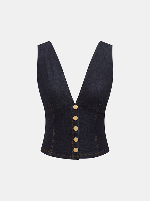 Metal Button Denim Deep V-Neck Tank Top