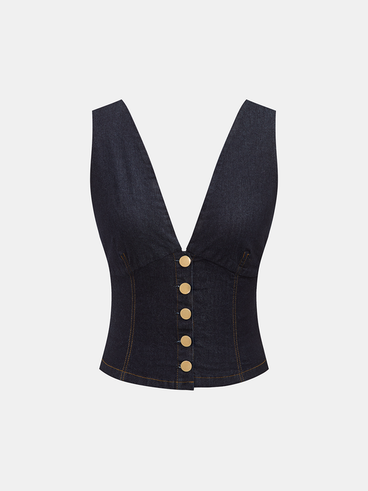 Metal Button Denim Deep V-Neck Tank Top
