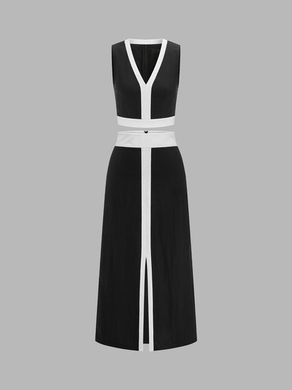 Contrast Trim Crop Top & Slit Midi Skirt Set