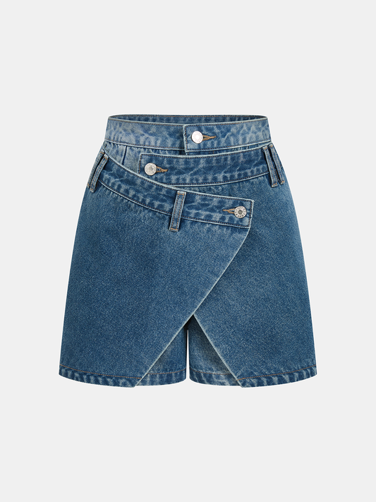 Layered Waistband Asymmetric Denim Skort