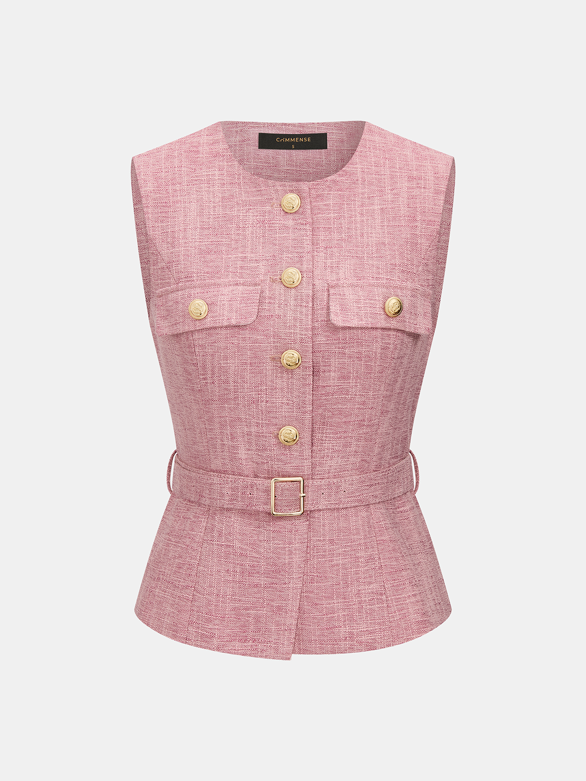 Textured Metal Button Belted Vest & Shorts Set