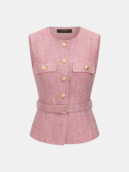 Textured Metal Button Belted Vest & Shorts Set