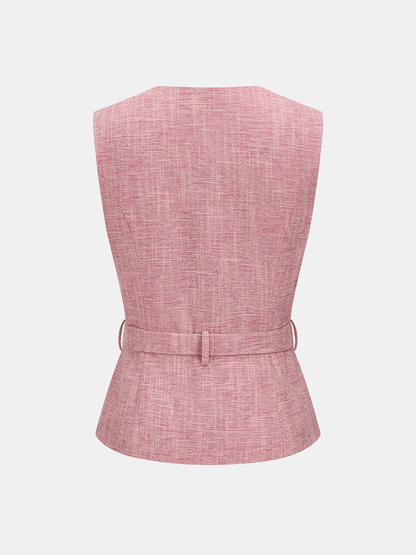 Textured Metal Button Belted Vest & Shorts Set