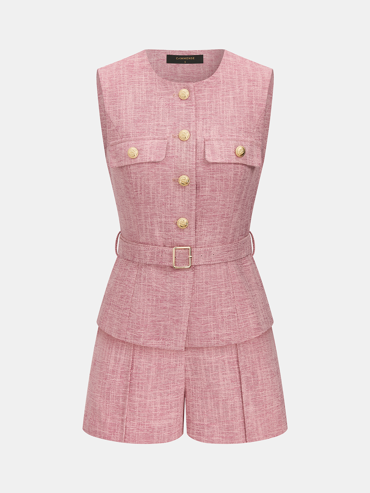 Textured Metal Button Belted Vest & Shorts Set