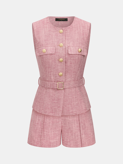 Textured Metal Button Belted Vest & Shorts Set