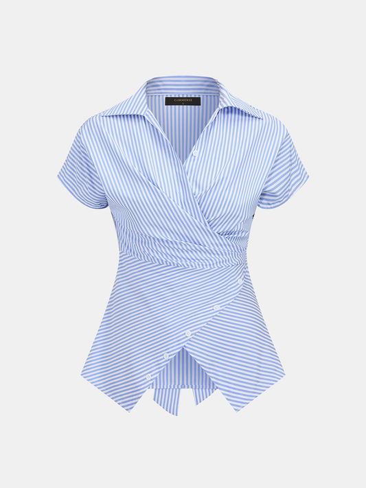 Striped Short Sleeve Wrap Tie-Back Shirt