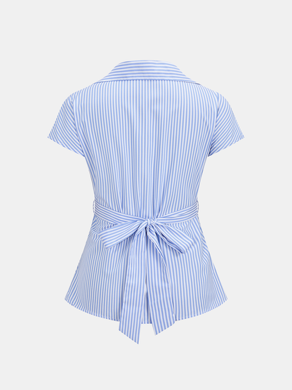 Striped Short Sleeve Wrap Tie-Back Shirt