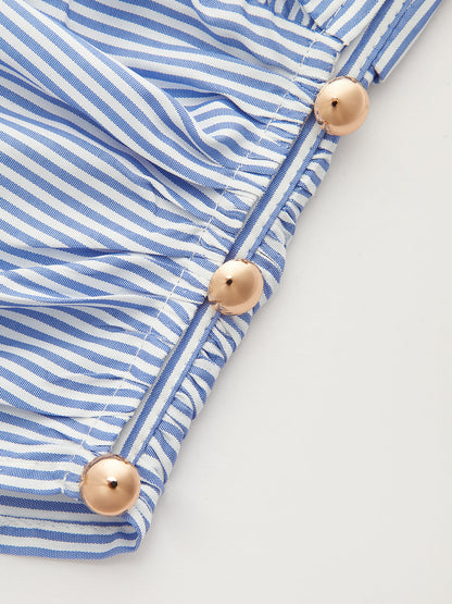 Striped Collared Sleeveless Cinched Blouse