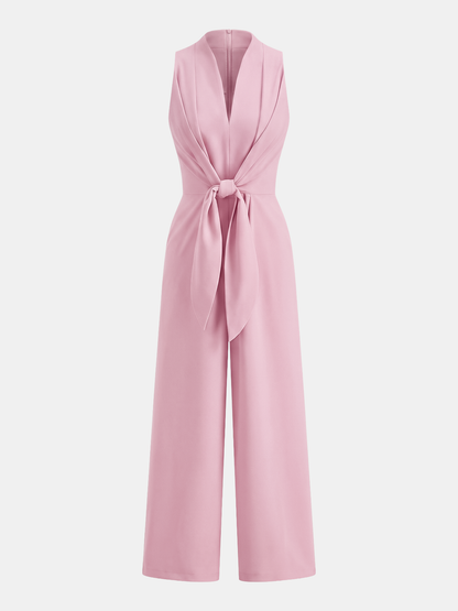 Sleeveless V-Neck Tie Waist Wide-Leg Jumpsuit