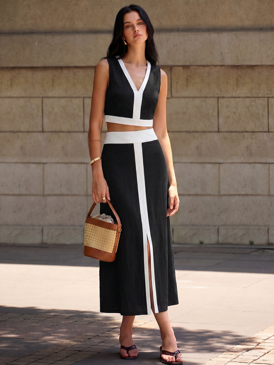 Contrast Trim Crop Top & Slit Midi Skirt Set