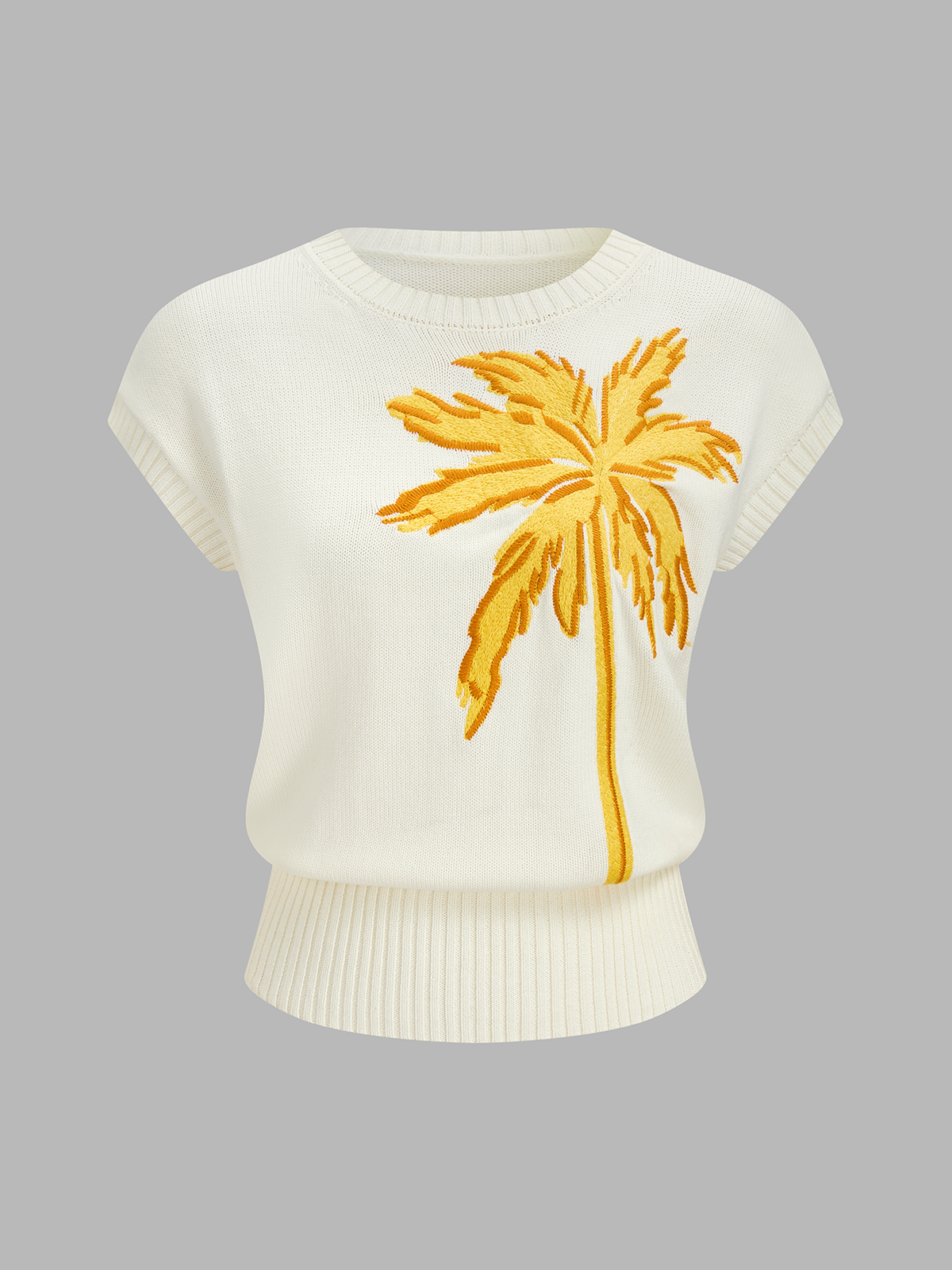 Embroidered Palm Tree Short Sleeve Knit Top