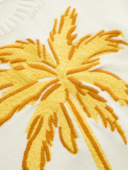 Embroidered Palm Tree Short Sleeve Knit Top
