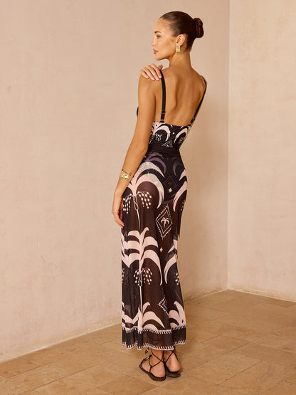 Palm Tree Print Sheer Mesh Cover Up Skirt