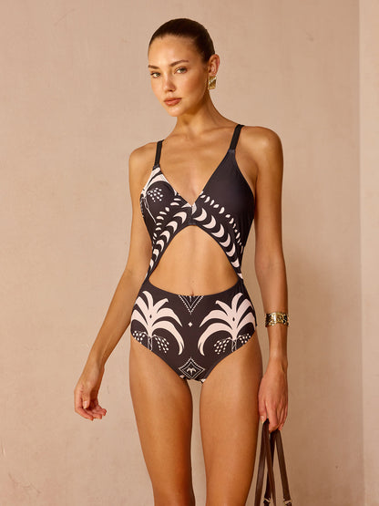 Cutout Palm Tree Print One Piece Swimsuit