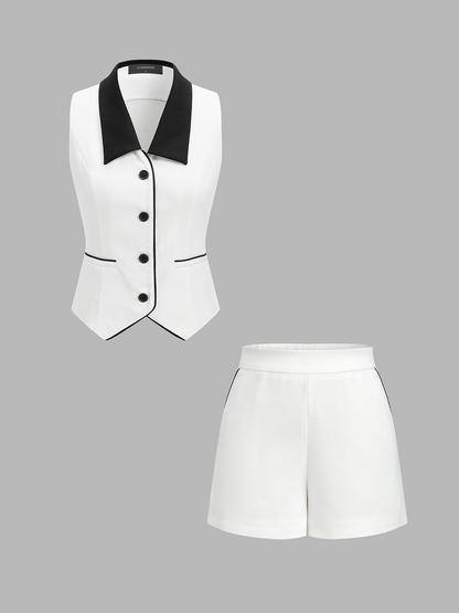 Cotton Linen Contrast Collar Vest & Shorts Set