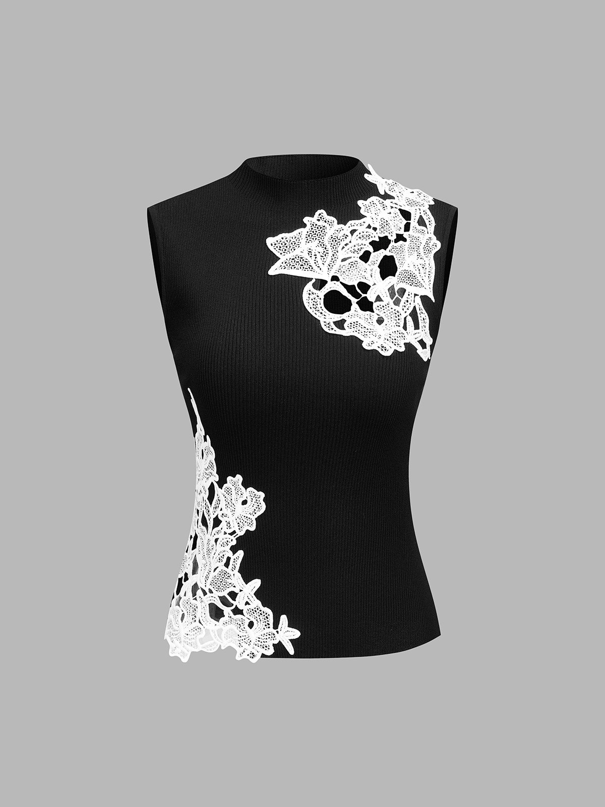 Mock Neck Lace Embroidered Sleeveless Top