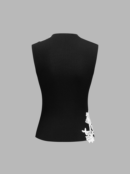 Mock Neck Lace Embroidered Sleeveless Top
