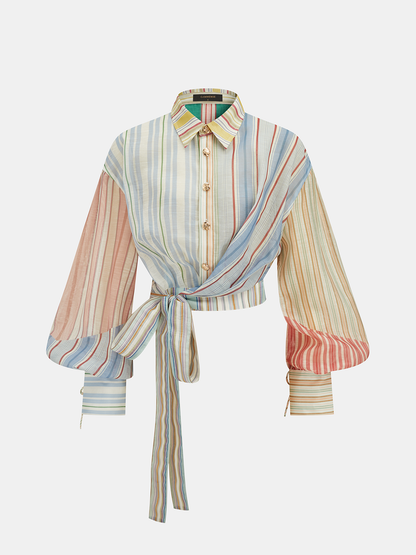 Semi-Sheer Rainbow Striped Tie Waist Blouse