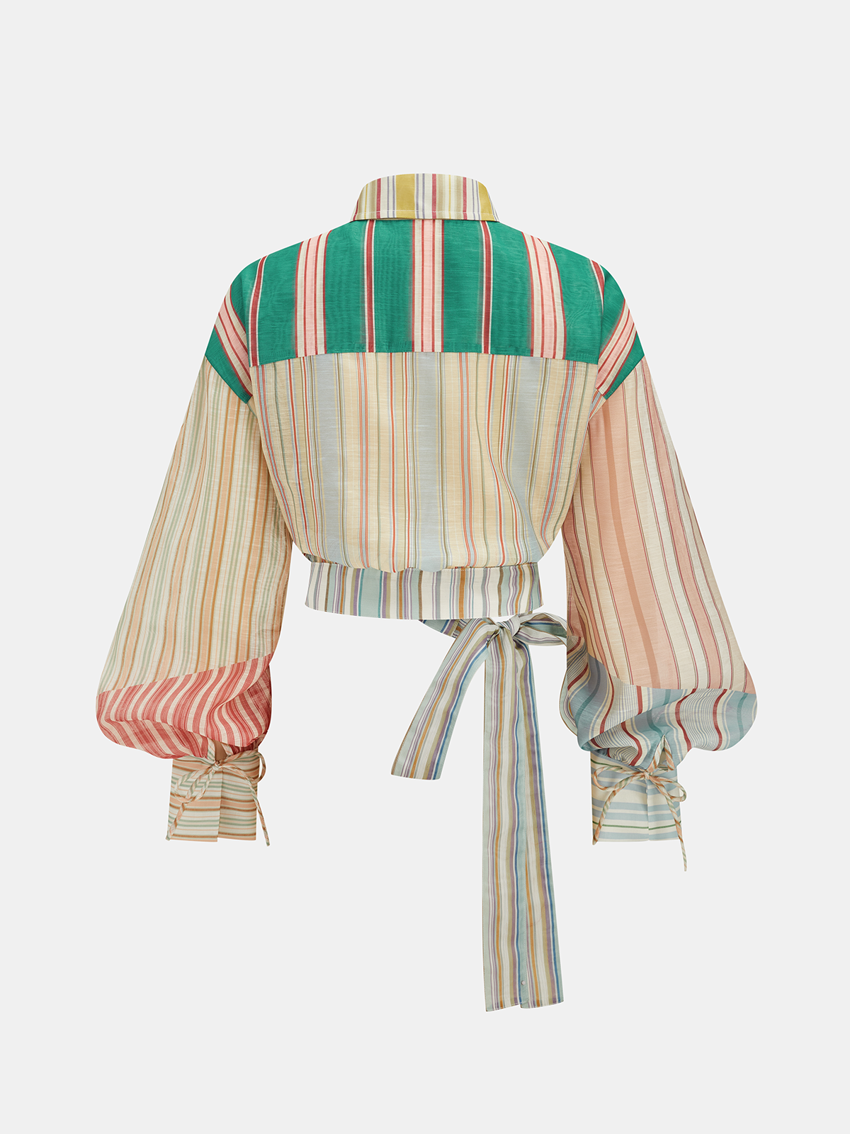 Semi-Sheer Rainbow Striped Tie Waist Blouse
