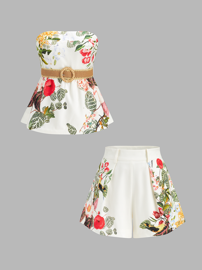 Floral Print Belted Strapless Top & Shorts Set