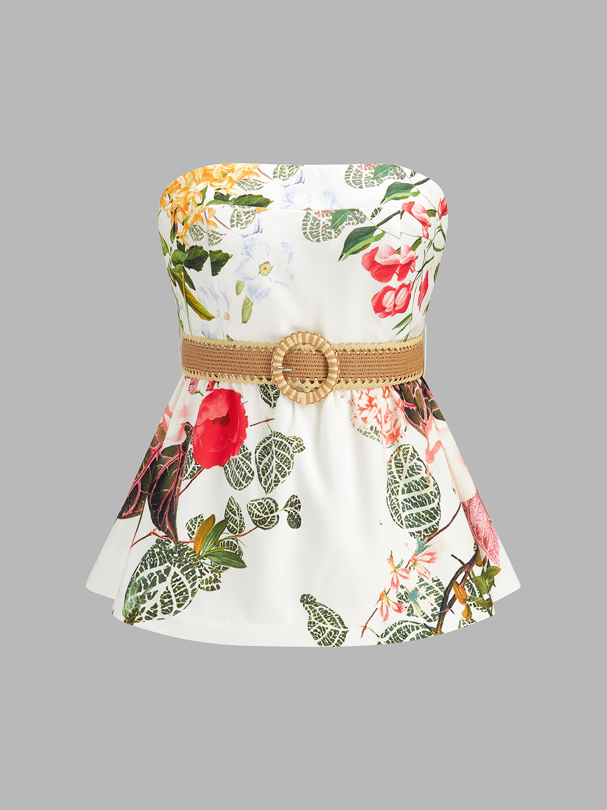Floral Print Belted Strapless Top & Shorts Set
