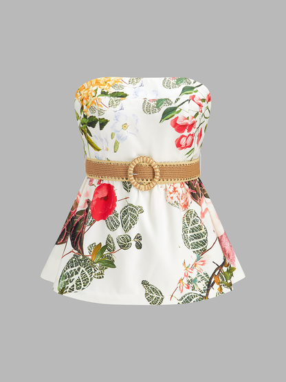 Floral Print Belted Strapless Top & Shorts Set