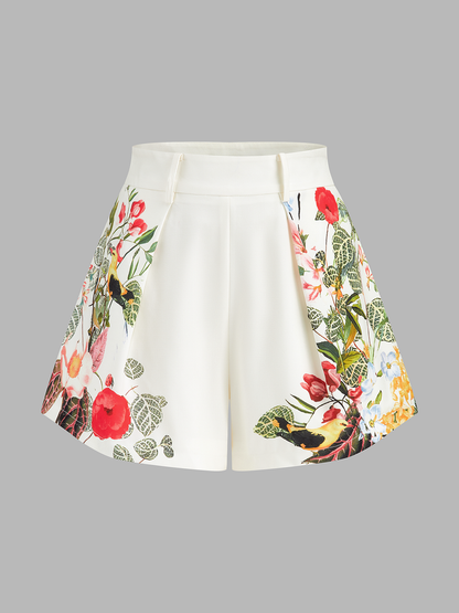 Floral Print Belted Strapless Top & Shorts Set