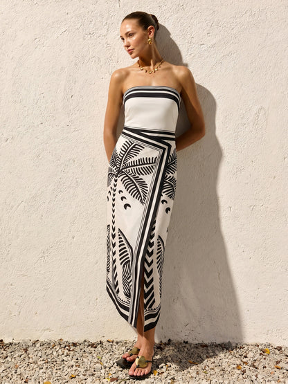 Palm Tree Print Strapless Wrap Maxi Dress