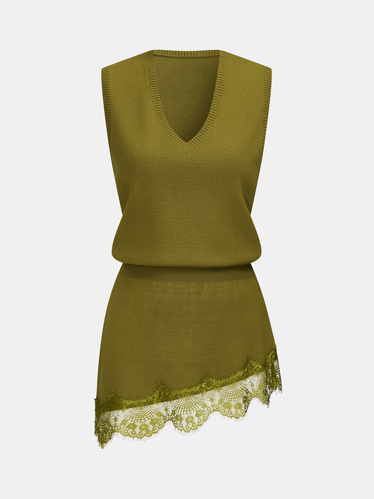 Lace Hem V-Neck Sleeveless Knit Vest