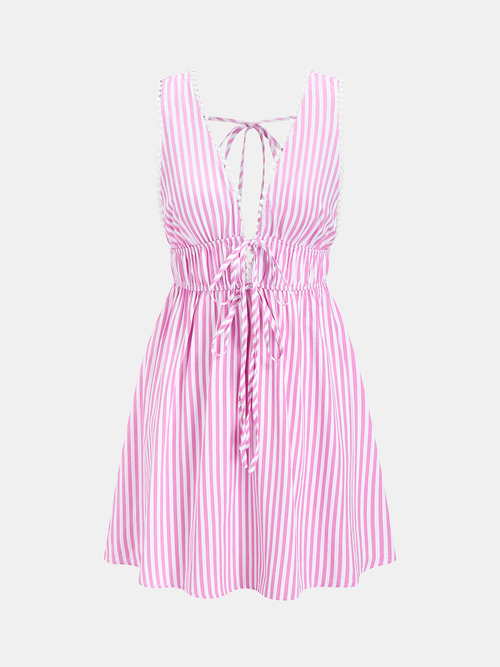 Striped Backless Lace Trim Mini Dress