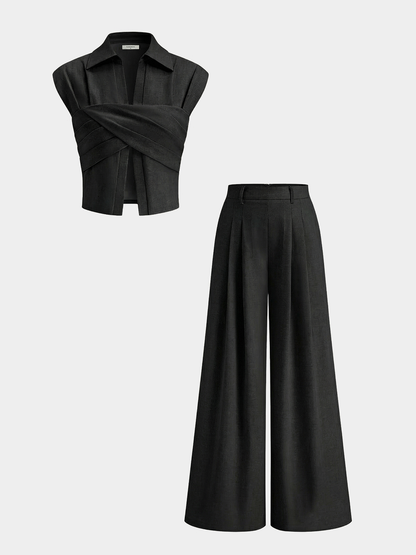 Cotton Linen Wrap Top & Pleated Pants Set