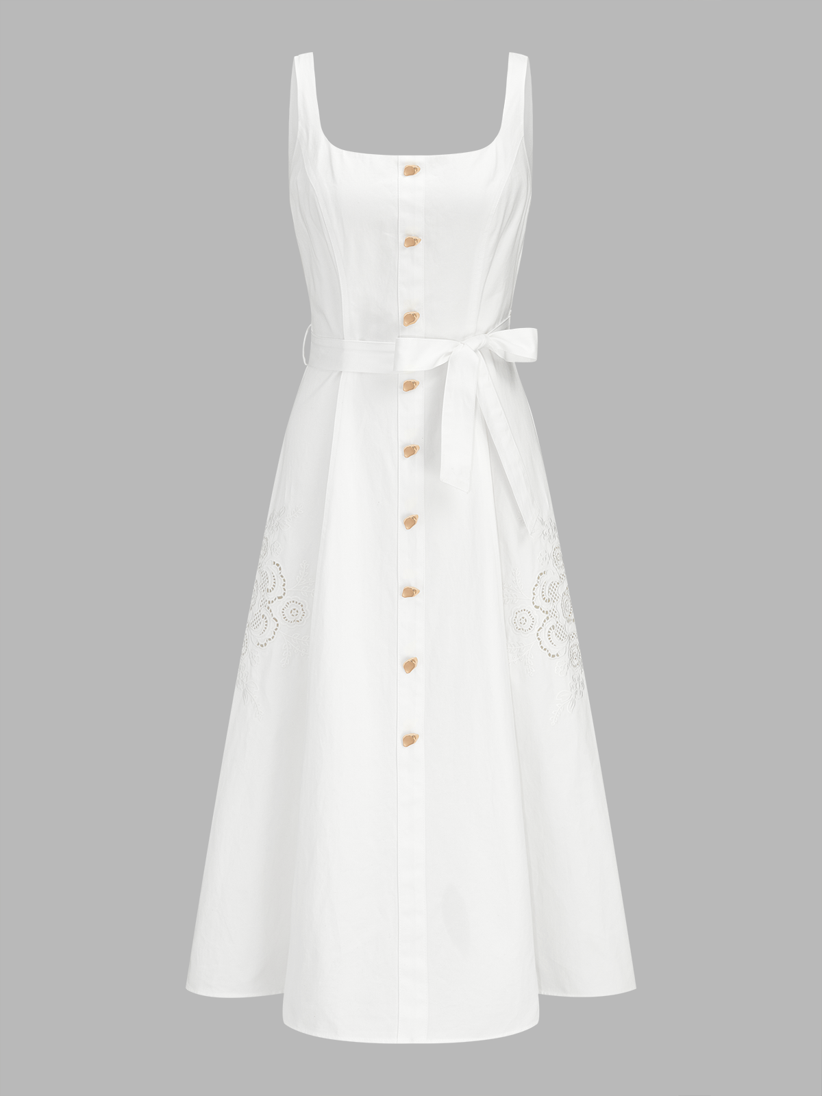Eyelet Embroidery Belted Square Neck Maxi Dress