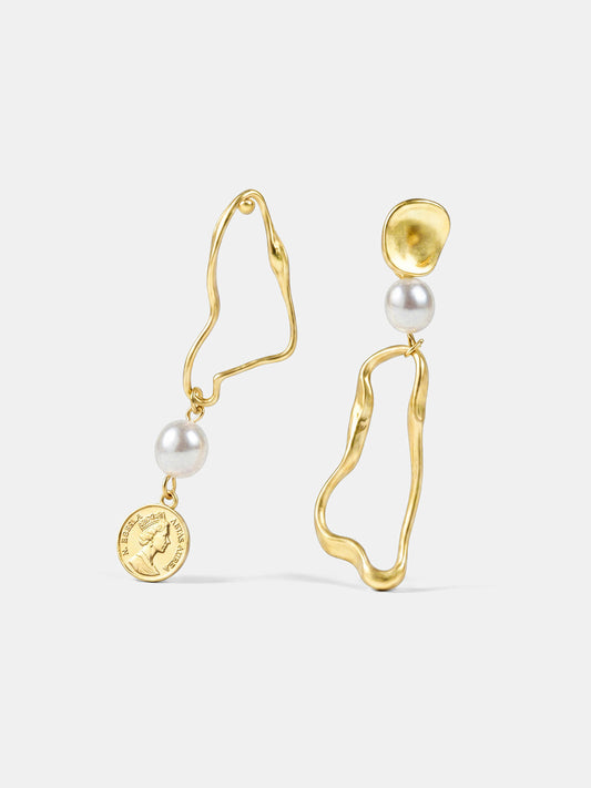 Asymmetrical Coin Pearl Drop Earrings