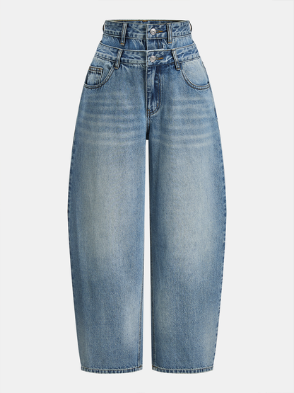 Double Waistband Curved-Leg Denim Pants