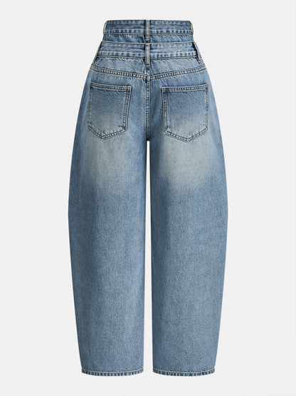 Double Waistband Curved-Leg Denim Pants