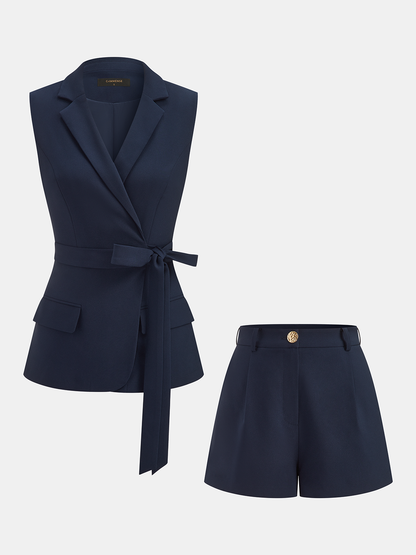 Belted Sleeveless Blazer & Shorts Set