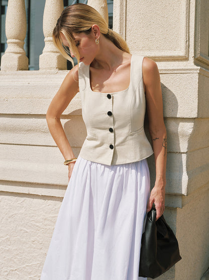 Square Neck Buttoned Vest & Maxi Skirt Set