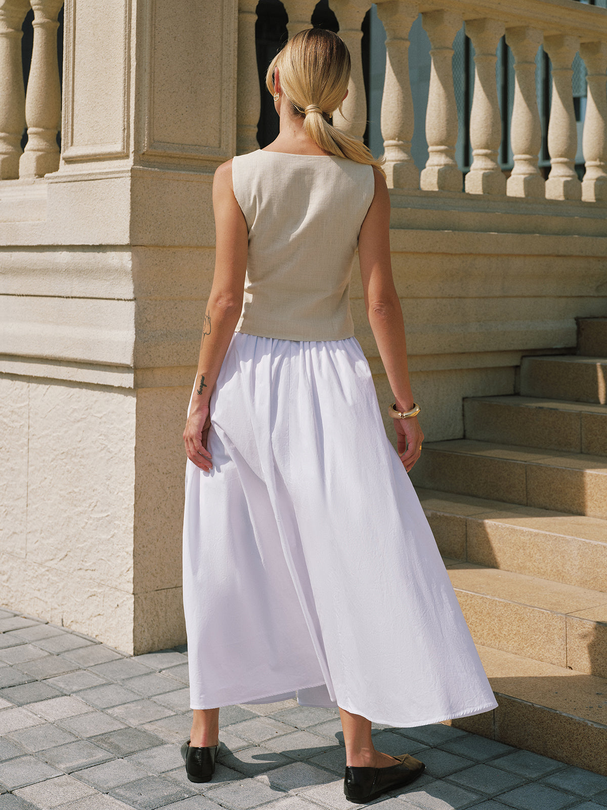 Square Neck Buttoned Vest & Maxi Skirt Set