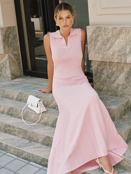 Polo Collar Sleeveless Ribbed Knit Maxi Dress
