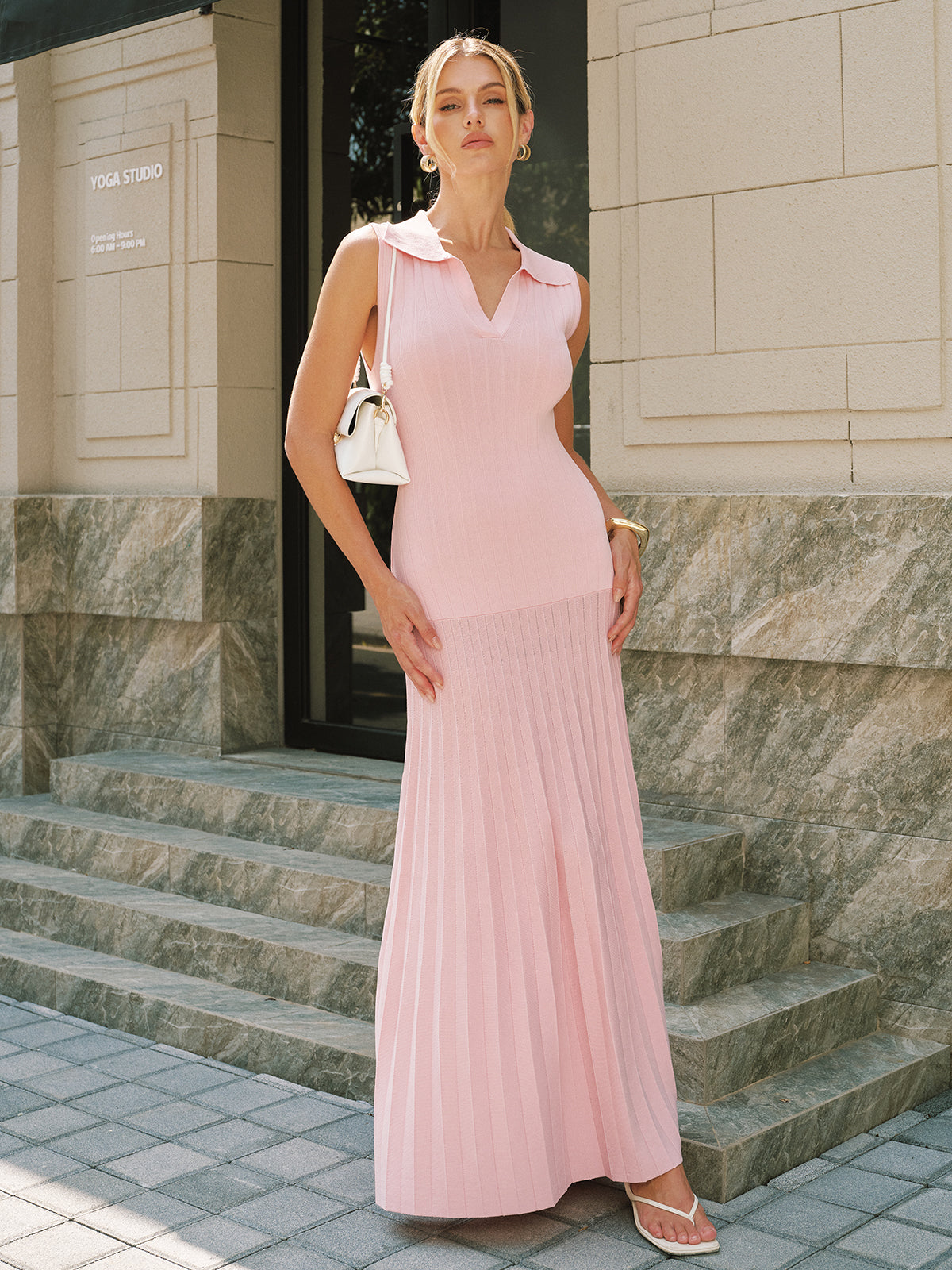 Polo Collar Sleeveless Ribbed Knit Maxi Dress