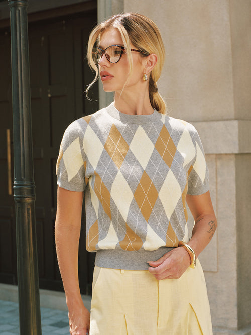 Argyle Short Sleeve Knit Sweater