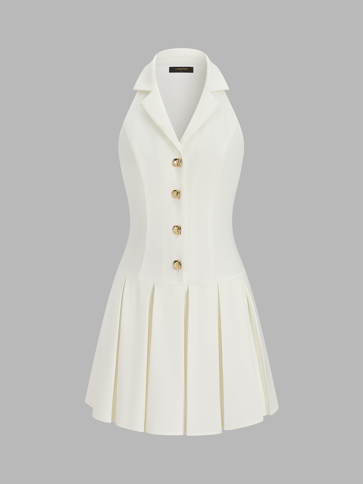 Metal Button Lapel Pleated Mini Dress