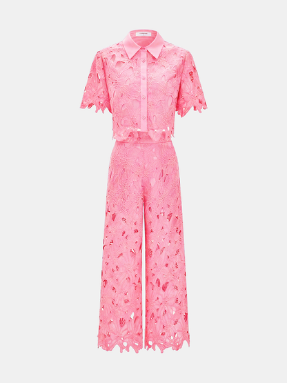 Cutout Lace Short Sleeve Top & Pants Set