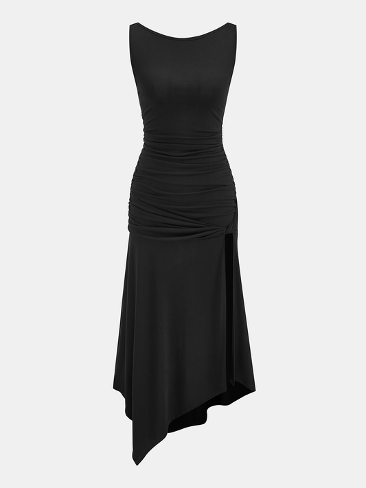 Sleeveless Ruched Asymmetric Maxi Dress