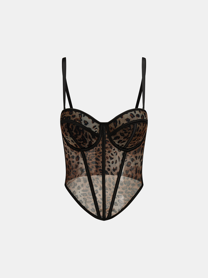 Leopard Print Mesh Cami Corset Top