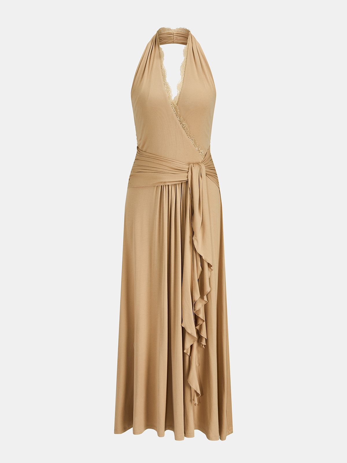 Lace Trim Halter Wrap Maxi Dress
